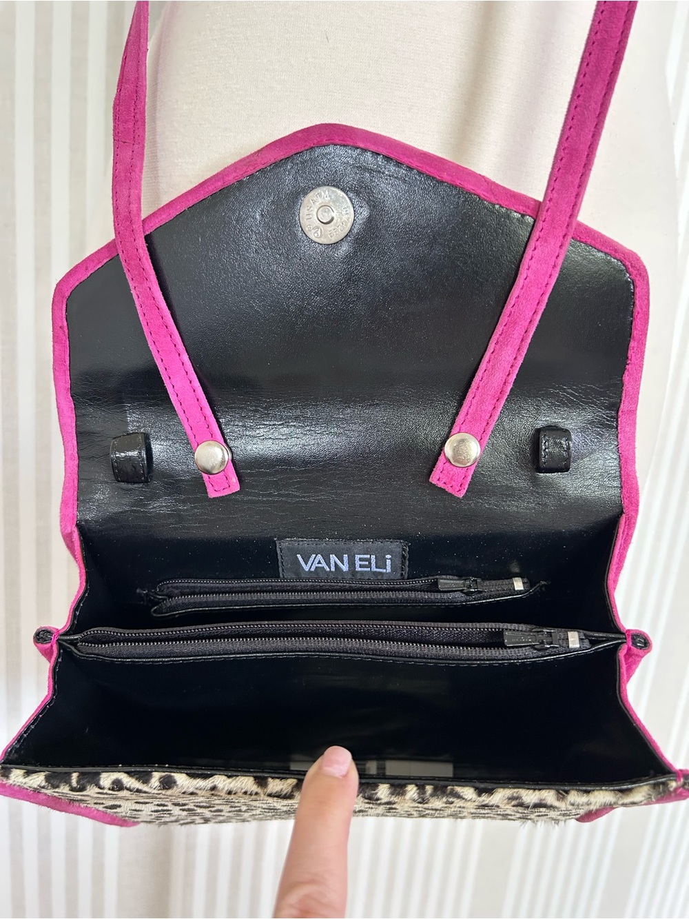 VINTAGE VAN ELi Pony Hair Spotted Pink Suede Crossbody Handbag Removable Strap - Picture 12 of 15